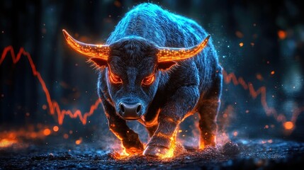 A powerful bull with glowing features symbolizing strength and determination, set against a dramatic financial market backdrop.