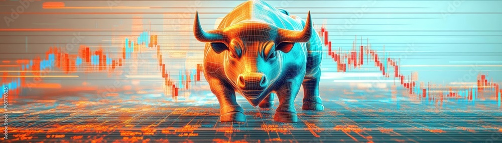 Poster dynamic bull statue on abstract financial background symbolizing market growth and investment opport