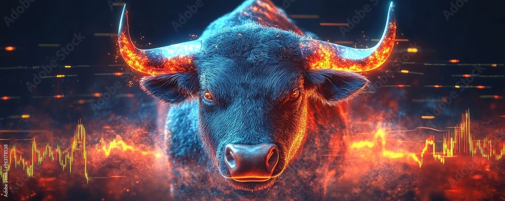 Poster a stunning digital painting of a bull surrounded by vibrant colors and abstract patterns, symbolizin