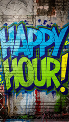 Vibrant "Happy Hour" graffiti artwork in bold blue and green letters on a gritty, urban brick wall, creating an edgy and dynamic street-style design perfect for promoting bar events and nightlife.

