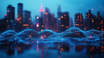 Smart city and big data connection technology concept with digital blue wavy wires with antennas on night megapolis city skyline background double exposure : Generative AI