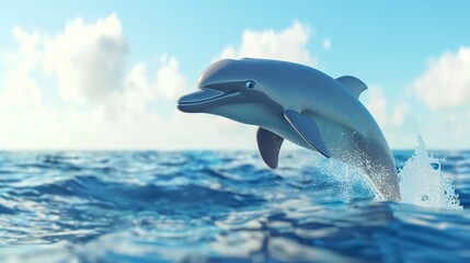 Naklejka premium A cartoon dolphin jumps out of the ocean against a blue sky.
