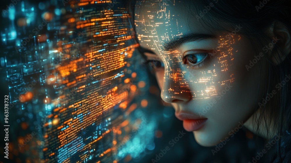 Poster Woman's Face Illuminated by Digital Code