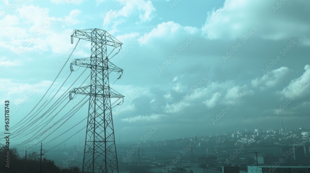 Fototapete Detailed shot of an electricity transmission tower with power lines extending into the distance, highlighting the structural complexity and scale of the infrastructure