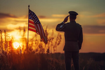 Veteran saluting the American flag at sunset, honoring military service and patriotism in the USA.