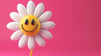 A cartoon daisy with a smiley face on a pink background.