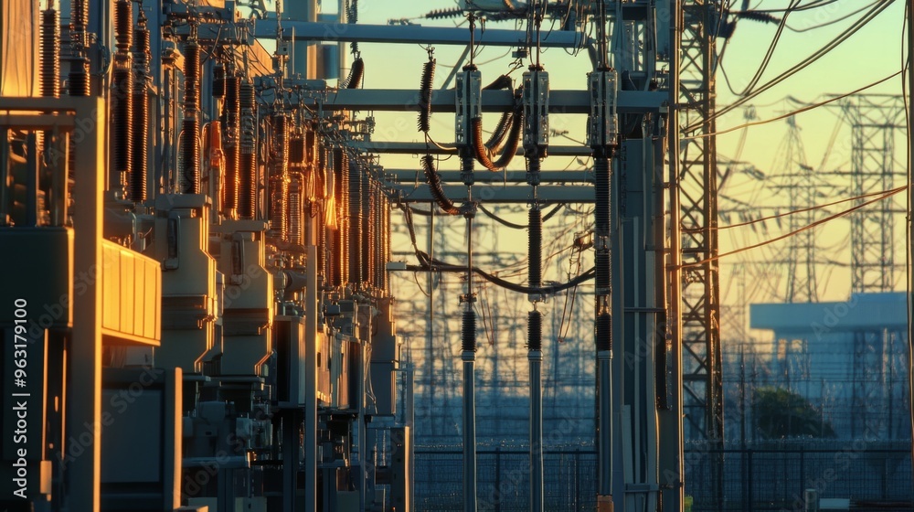 Poster Detailed shot of high-voltage power lines and electrical equipment at a power plant, emphasizing the complexity and precision of the infrastructure.