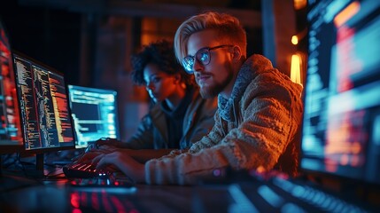Obraz premium Team of programmers writing digital code in the metaverse and working together on the internet : Generative AI