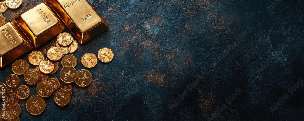 Poster a collection of gold bars and coins on a dark textured background, symbolizing wealth and prosperity