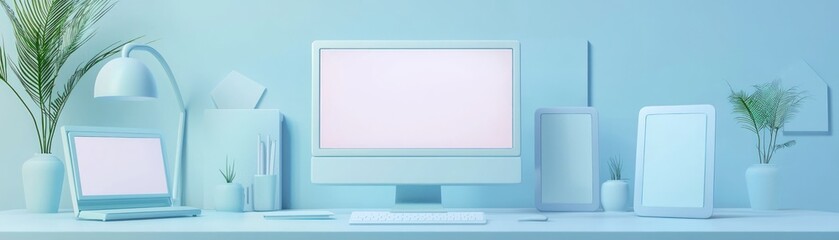 Obraz premium Minimalist Blue Desktop Mockup.