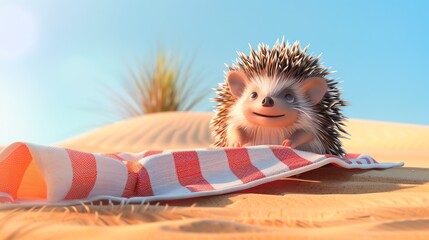 Fototapeta premium A cute hedgehog on a beach towel on the beach.
