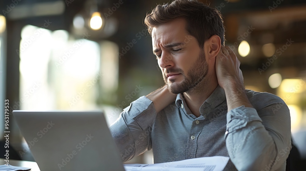 Poster a young businessman in a modern office setting experiencing neck pain while working at his desk with