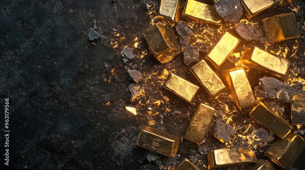 Poster a stunning collection of gold bars gleaming against a dark surface, symbolizing wealth and luxury in
