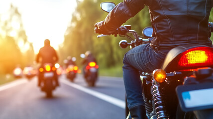 Group of Motorcyclists Riding on a Scenic Road at Sunset with Trees in the Background