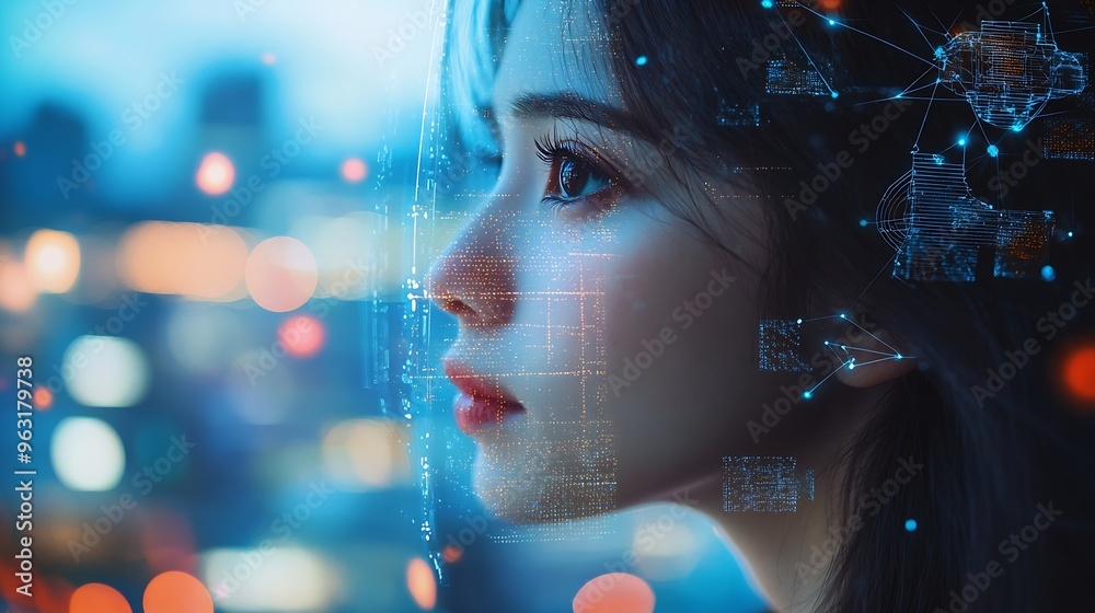 Aufkleber Internet network connection data exchange digital marketing IoT internet of things Double exposure woman using modern computer surfing the internet and smart city innovative technology : Generative AI
