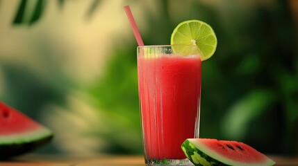 A refreshing glass of watermelon juice with a straw, served with a slice of lime.