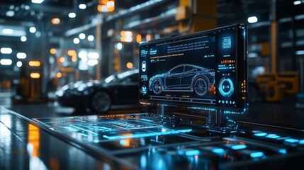 EV electric vehicle technology industry concept futuristic virtual graphic touch user interface on screen with auto repair garage blurred on background : Generative AI