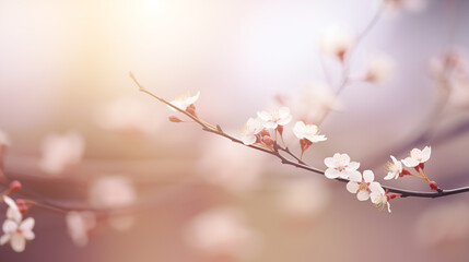 Blossoming Cherry Branch with Soft Flowers in Early Spring Light