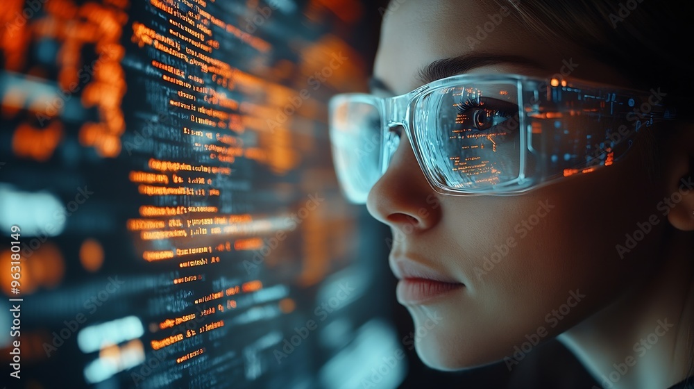 Poster Software coding hologram and woman in data analytics information technology and gdpr overlay Programmer or IT person in glasses reading script programming and cybersecurity research on : Generative AI