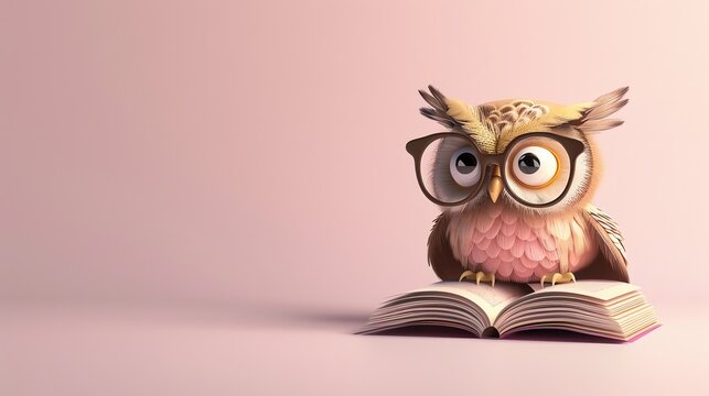 A cartoon owl wearing glasses sits on a book.