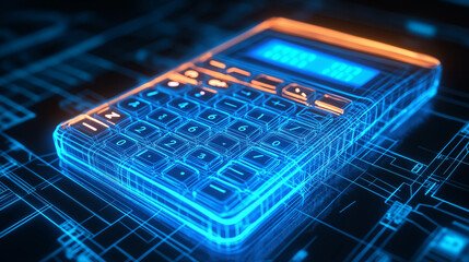 3D digital calculator on blue background in line-based visualization, business high tech data, finance abstract