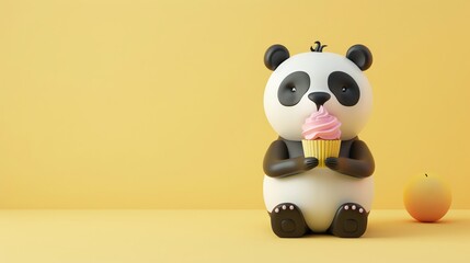 A cartoon panda bear is holding a cupcake.