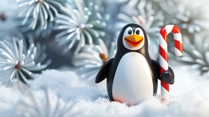 A cute penguin standing in the snow with a candy cane.