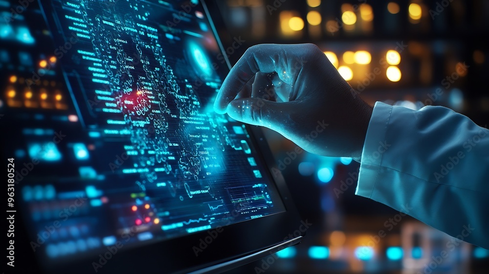 Aufkleber Scientist hand tablet and hologram in laboratory with typing chart data and 3d overlay for pharma development Pharmaceutical person digital touchscreen and press on holographic dashboa : Generative AI