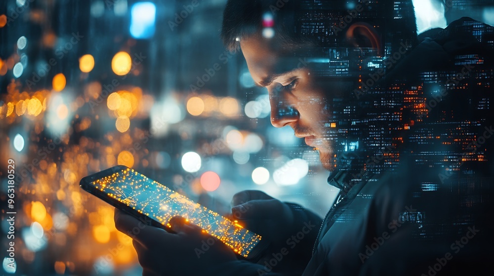 Poster Digital technology internet network connection big data digital marketing social media concept Double exposure of man using smart mobile phone surfing internet and the city technology  : Generative AI