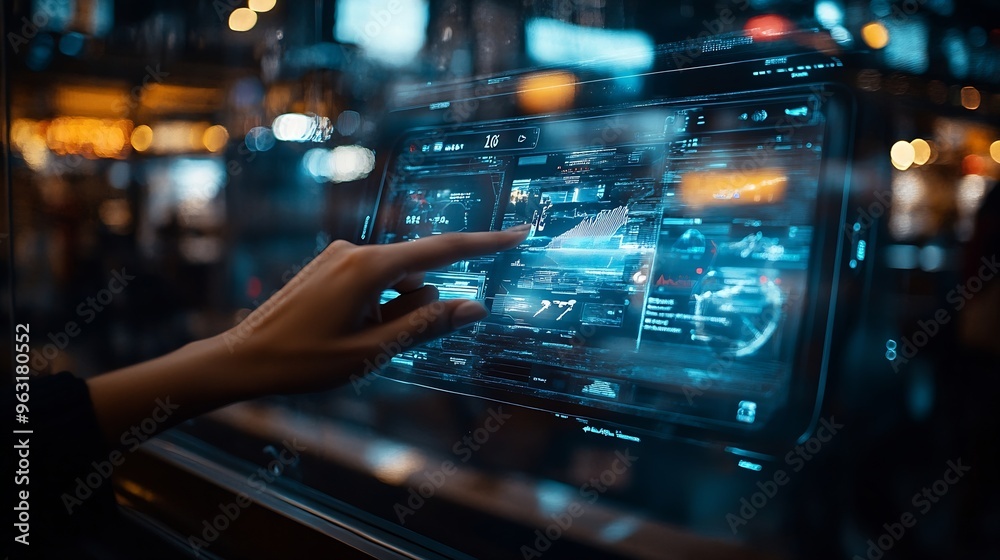 Poster Customer open hologram graphic interface controlling device choosing online platform Smart consumer touch gadget open ecommerce application using cashless technology shopping inventory : Generative AI