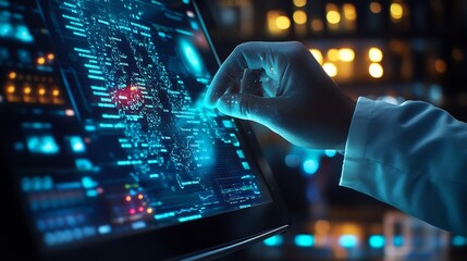 Scientist hand tablet and hologram in laboratory with typing chart data and 3d overlay for pharma development Pharmaceutical person digital touchscreen and press on holographic dashboa : Generative AI