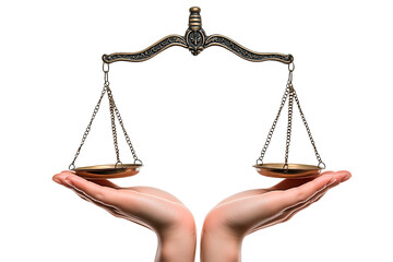 Isolated handheld vintage bronze balance scale for fairness and justice conceptual element.