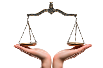 Isolated handheld vintage bronze balance scale for fairness and justice conceptual element.