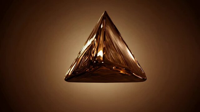 Realistic 3D animation of the abstract morphing liquid iridescent bronze tetrahedron rendered in UHD. Additional detail: brown background.