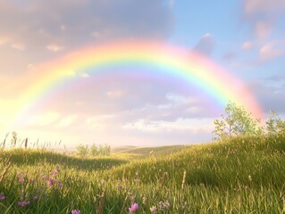 Naklejka premium Rainbow Over Grassy Field.