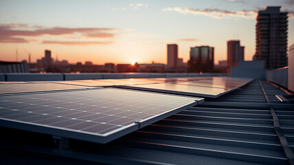 Solar panels on a rooftop capturing the last rays of sunset in a city skyline.