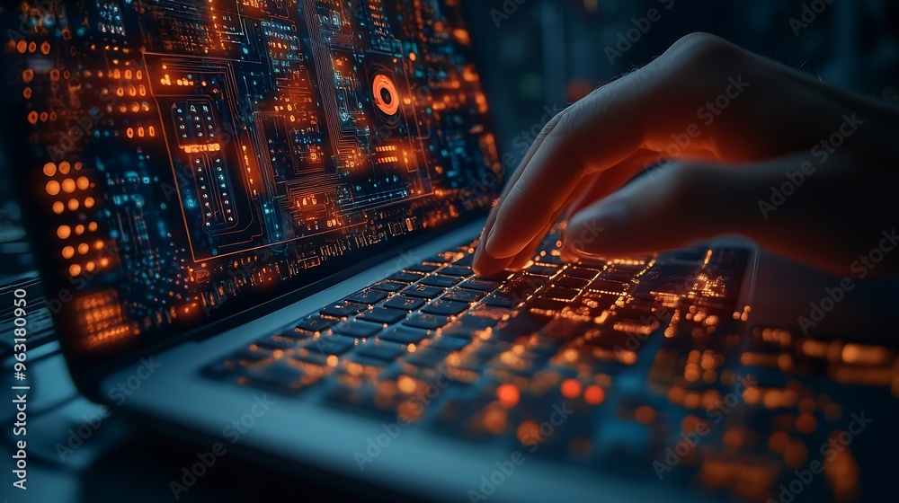 Fototapete Digital technology software development concept Coding programmer software engineer working on laptop with circuit board and javascript on virtual screen internet of things IoT : Generative AI