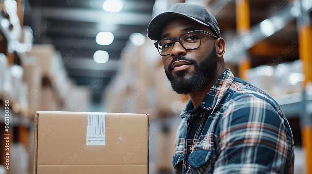 Poster african american person working to shipping box package by order in logistic warehouse black male wo