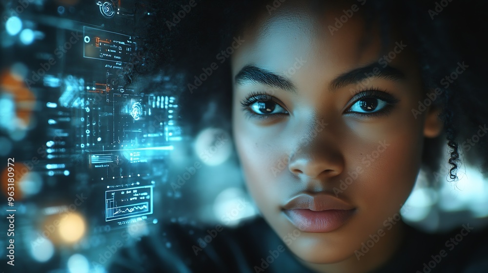 Poster Black woman working in office and futuristic graphical user interface concept ICT Information Communication Technology System engineering : Generative AI