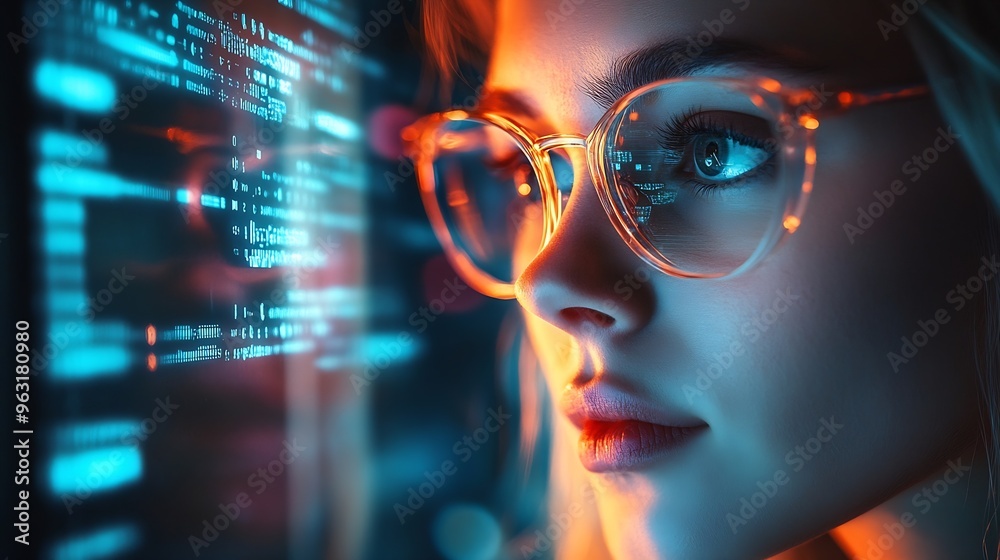 Fototapete Software data hologram and woman with code analytics information technology and gdpr overlay Programmer coding or IT person in glasses reading html script programming and cyber securit : Generative AI