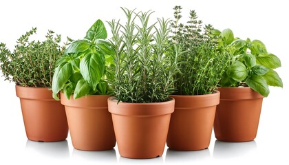 Fototapeta premium Clipping Path for Potted Herbs - Culinary herbs in pots cut out with full depth of field.
