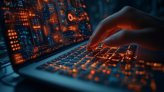 Digital technology software development concept Coding programmer software engineer working on laptop with circuit board and javascript on virtual screen internet of things IoT : Generative AI
