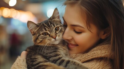 Joyful mother and girl child feeling happy after buying cat at shop : Generative AI