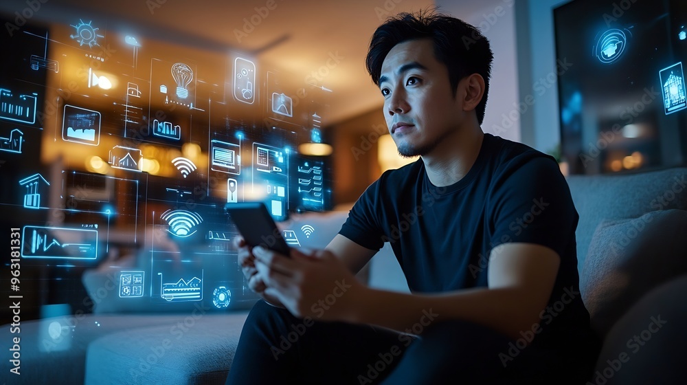 Aufkleber asian man sitting on sofa and using smart home control app on mobile phone with augmented reality view of IOT connected objects in apartment : Generative AI