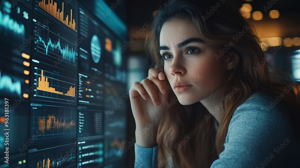 Poster Analyst woman working with information database to analyze marketing and sales data Business analytics dashboard with charts metrics and KPIs concept : Generative AI