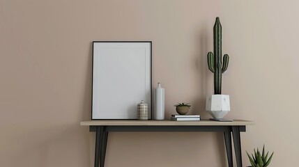 Elegant hallway setup featuring a sleek table with a cactus, an empty photo frame, and neatly arranged books with soft beige walls creating a chic and modern home interior