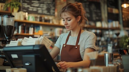 Young caucasian woman in apron working with cash box in coffee shop behind the counter Female worker barista waitress manager administrator checking bill order on digital cash register : Generative AI