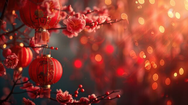 Close-up of cherry blossoms with glowing bokeh lights in red warm tones, romantic atmosphere. Concept of spring celebration and beauty - Powered by Adobe
