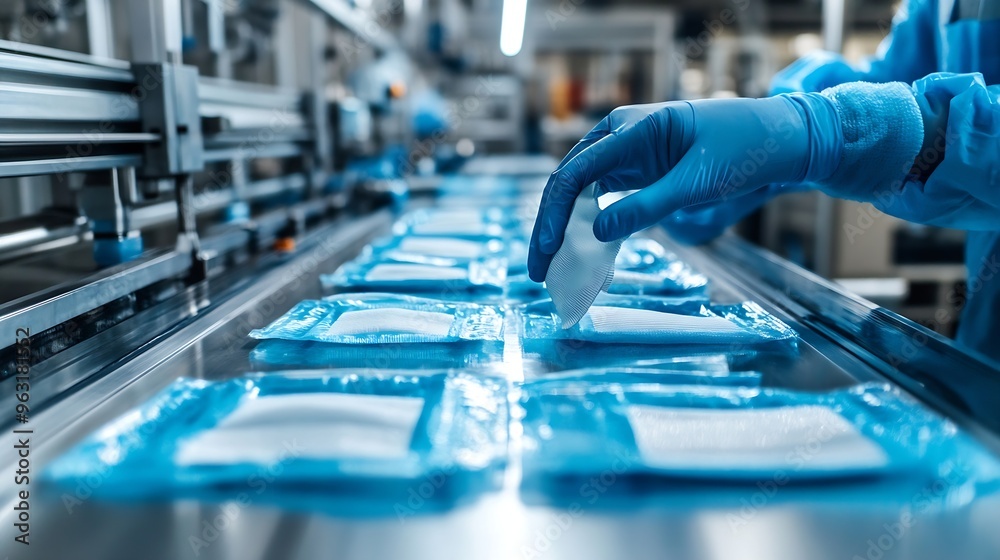 Poster factory worker inspecting production line automatic machine for manufacture of sterile medical banda