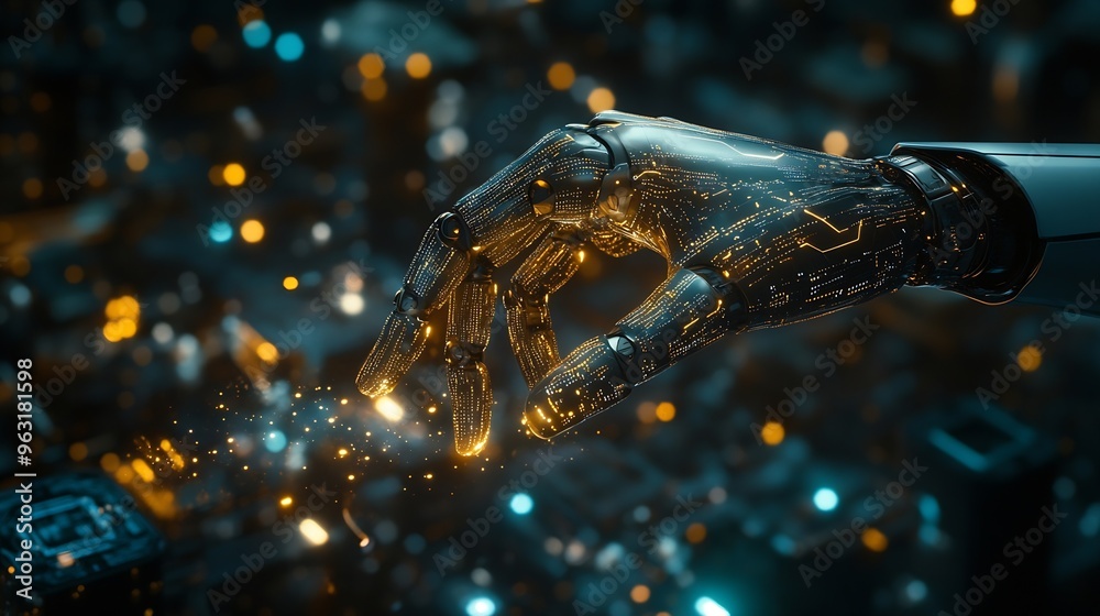 Aufkleber AI Machine learning Hands of robot and human touching big data of Global network connection Internet and digital technology Science and artificial intelligence digital technologies of  : Generative AI